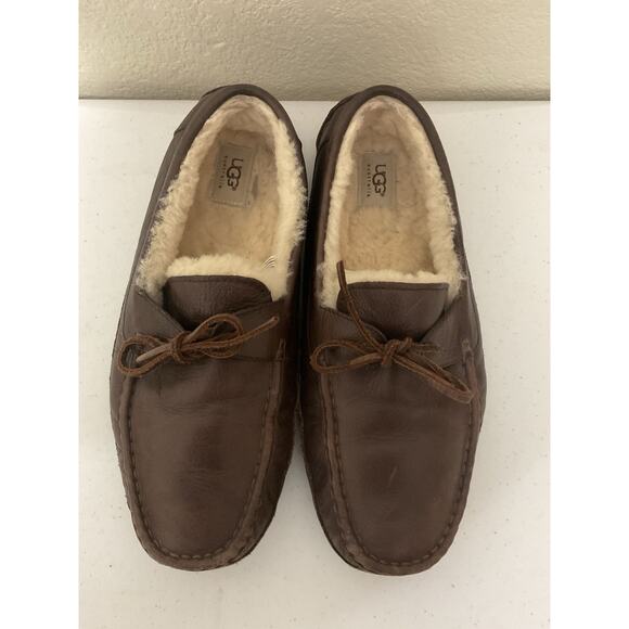 UGG Byron Slippers Mens 12 Brown Leather Lace Up Moccasins Wool Sheepskin Shoes - Picture 1 of 11
